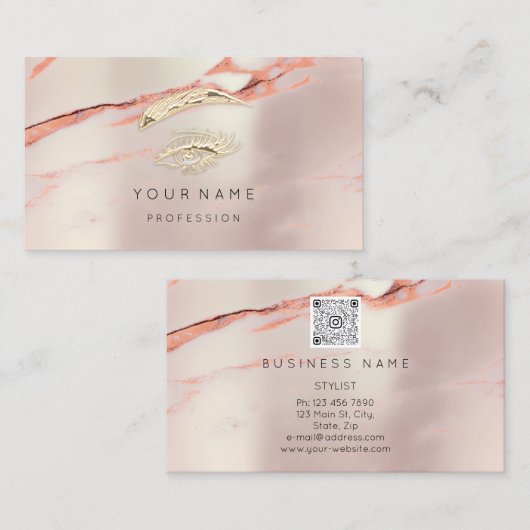 Professional Lashes Brow Makeup Marble Roos QRCode Visitekaartje (Voorkant / Achterkant)
