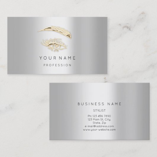 Professional Lashes Brows Makeup Logo Gold Grey Visitekaartje (Voorkant / Achterkant)