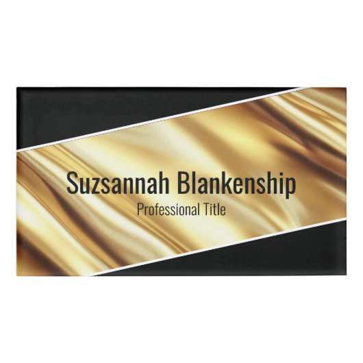 Professional Luxury Gold Ribbon Black Text Naambadge (Voorkant)
