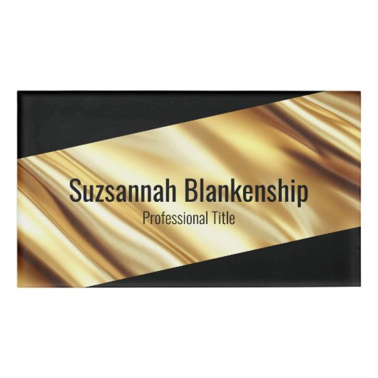 Professional Luxury Gold Ribbon Black Text Naambadge (Voorkant)