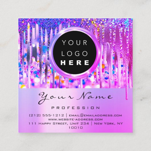 Professional Makeup Logo Lip Holograaf Drip Berry Vierkante Visitekaartje (Achterkant)