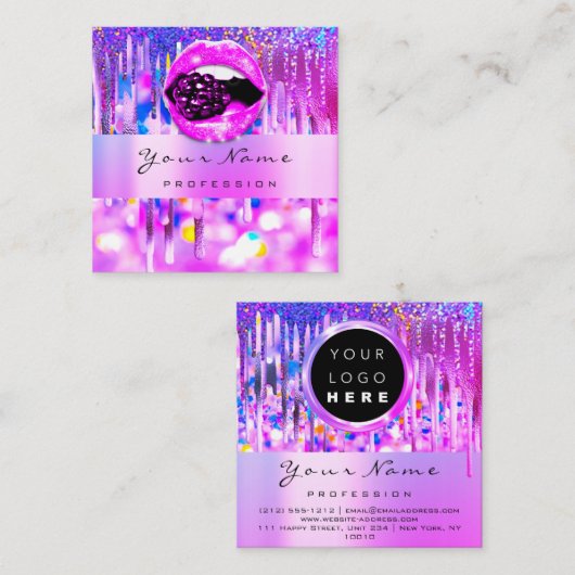 Professional Makeup Logo Lip Holograaf Drip Berry Vierkante Visitekaartje (Voorkant / Achterkant)