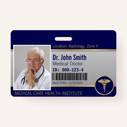 Professional Medical Caduceus Gold Blue Foto ID Badge (Voorkant)