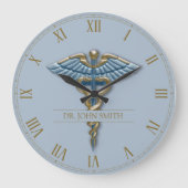 Professional Medical Light Blue Gold Caduceus Name Grote Klok (Voorkant)