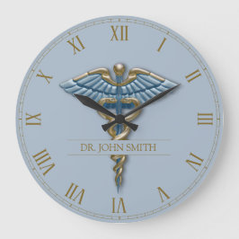 Professional Medical Light Blue Gold Caduceus Name Grote Klok