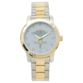 Professional Medical Light Blue Gold Caduceus Name Horloge