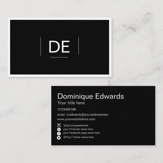 Professional Monogram Simple Elegant Black Social Visitekaartje (Voorkant / Achterkant)