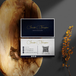 Professional Navy Blue- en Gold Script QR-code Visitekaartje
