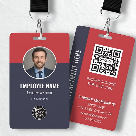 Professional Navy Blue Red Custom Employee ID Badge