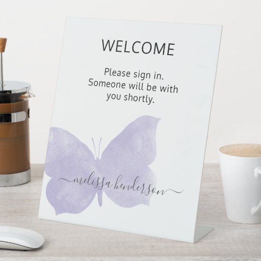 Professional Paarse Butterfly WelkomstKantoor Reclamebord Met Voetstuk (Insitu)