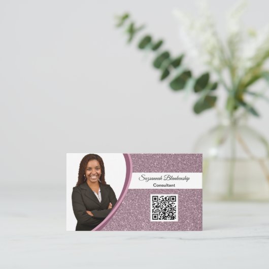 Professional plum Glitter Custom Photo QR Code Visitekaartje (Staand voorkant)
