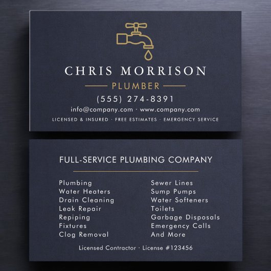 Professional Plumber Navy Blue Gold Minimalist Visitekaartje