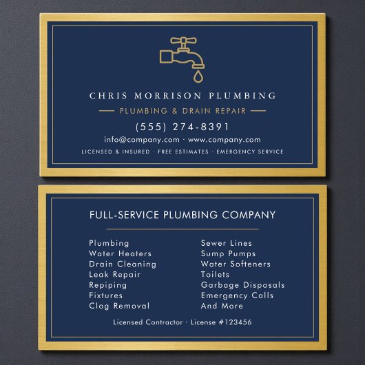 Professional Plumber Navy Blue Gold QR Code Visitekaartje