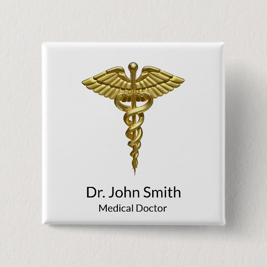 Professional Precious Medical Gold Caduceus Vierkante Button 5,1 Cm (Voorkant)