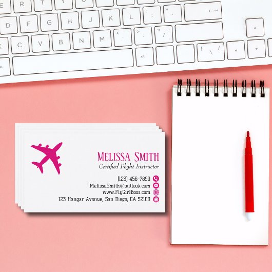 Professional QR Code Pink Plane Flight Instructor Visitekaartje