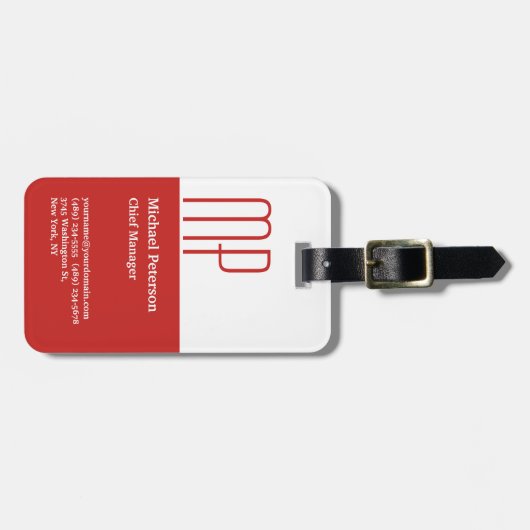 Professional Red White Plain Monogram Modern Bagagelabel (Voorkant horizontaal)