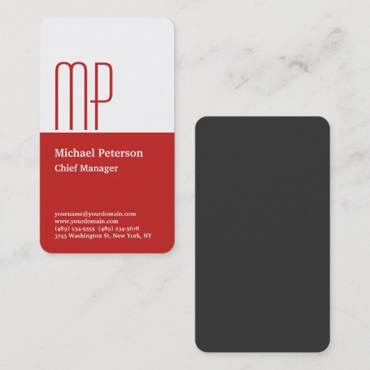 Professional Red White Plain Monogram Modern Visitekaartje (Voorkant / Achterkant)