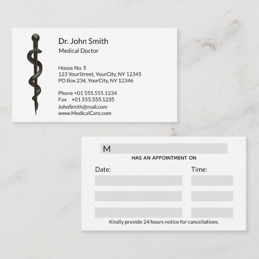 Professional Simple Asclepius Black Medical White Afsprakenkaartje (Voorkant / Achterkant)