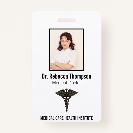 Professional Simple Medical Caduceus Black Foto Badge (Voorkant)