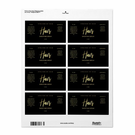 Professional styling Black Gold Hair Serum Labels (Full Sheet)