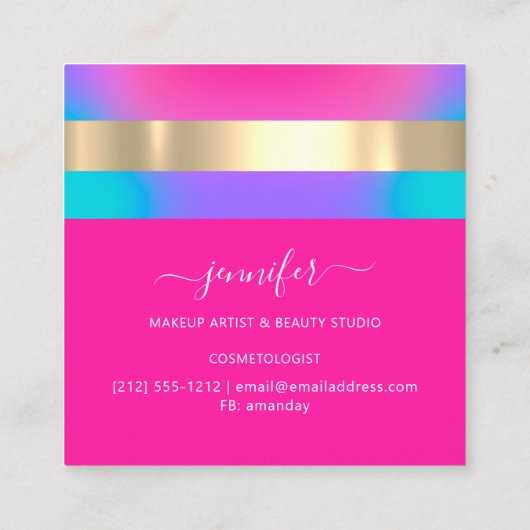 Professioneel artistiek holografisch blauw roze vierkante visitekaartje (Achterkant)