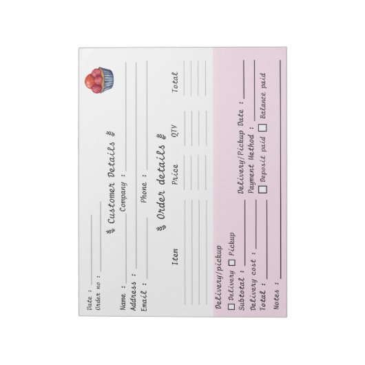Professioneel bakkerij bestelformulier voor cupcak notitieblok (Linkerzijde)