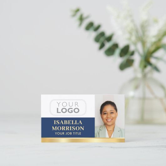 Professioneel bedrijf Logo QR Navy Gold Visitekaartje (Staand voorkant)