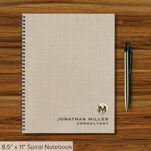 Professioneel Beige Linnen Gouden Monogram Notitieboek