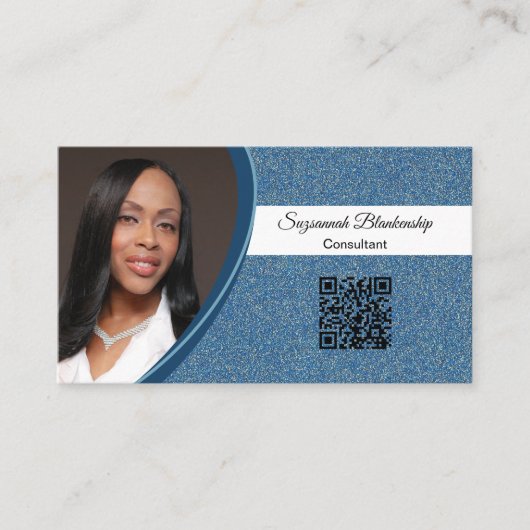 Professioneel blauw Glitter Custom Photo QR Code Visitekaartje (Voorkant)