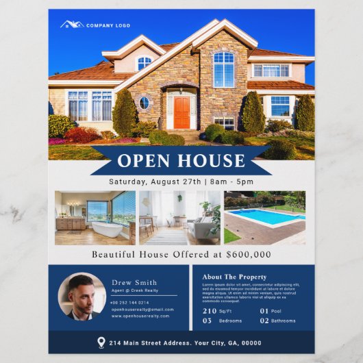 Professioneel blauw open huis onroerend goed flyer (Voorkant)