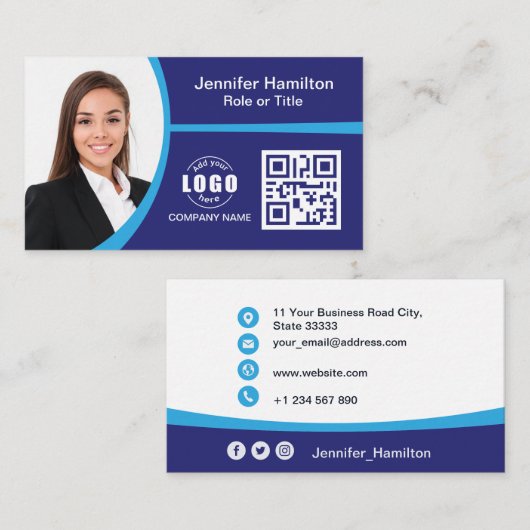 Professioneel blauw voeg uw Logo QR Code toe Foto Visitekaartje (Voorkant / Achterkant)