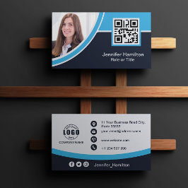 Professioneel blauw voeg uw Logo QR Code toe Foto Visitekaartje