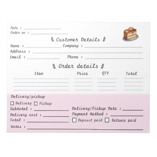 Professioneel Cupcake Bakkerij Bestelformulier Notitieblok (Voorkant)