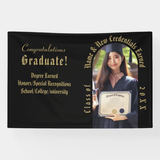Professioneel eindexamenfoto in goud en zwart spandoek (Horizontaal)