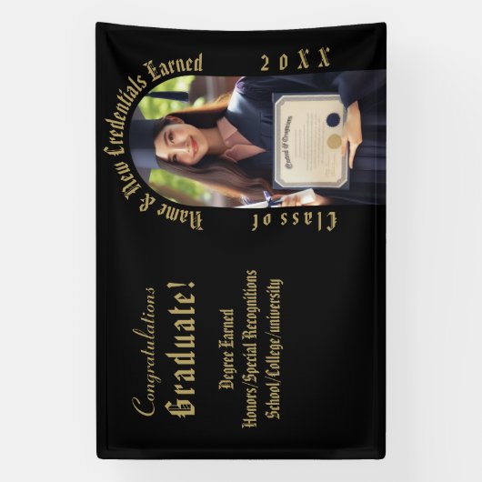 Professioneel eindexamenfoto in goud en zwart spandoek (Verticaal)