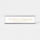 Professioneel Elegant Script Wit en Goud Bureau Naambordje (Voorkant)