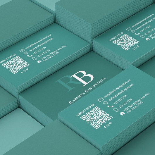 Professioneel Elegante Teal Monogram QR Code Visitekaartje