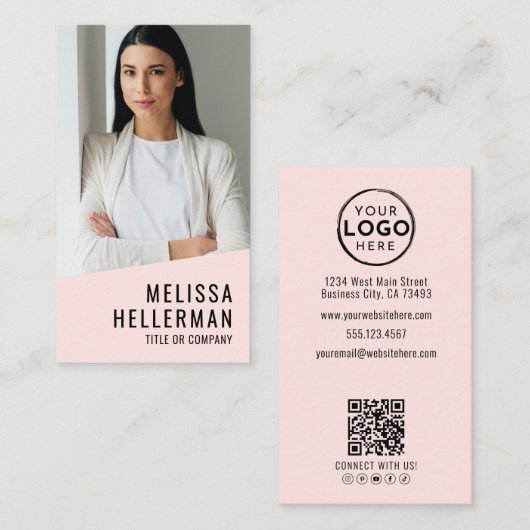 Professioneel Foto QR Code Logo Blush Roze Visitekaartje (Voorkant / Achterkant)