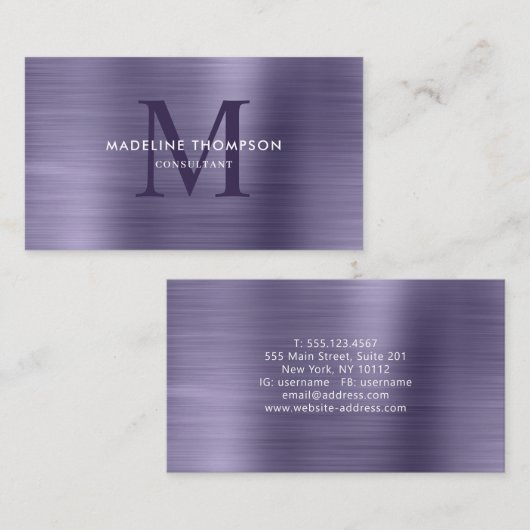 Professioneel geborsteld metallisch Paars monogram Visitekaartje (Voorkant / Achterkant)