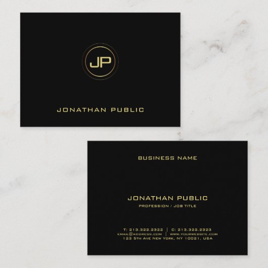 Professioneel Goud Monogram Zwart Elegant Vlak Visitekaartje (Voorkant / Achterkant)