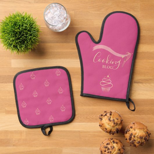 Professioneel, Gouden Whisk, Cupcake, Koken Fushia Ovenwant & Pannenlap Set (Top down)