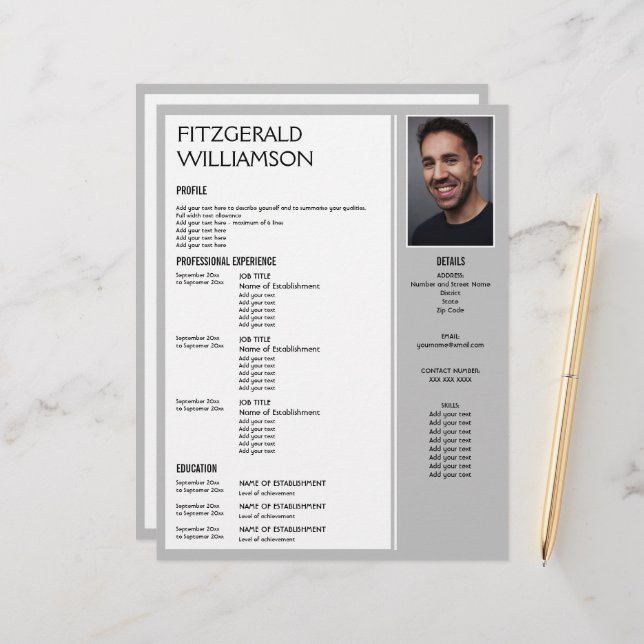 Professioneel Grijs Custom Photo RESUME Briefhoofd (Voorkant / Achterkant in situ)