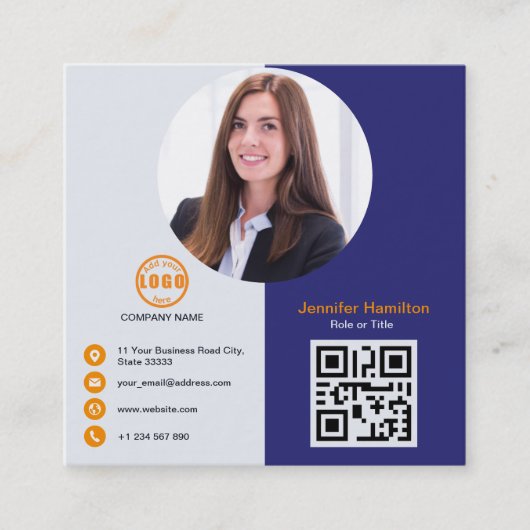 Professioneel grijs Sinaasappel voegt uw foto QR C Vierkante Visitekaartje (Voorkant)