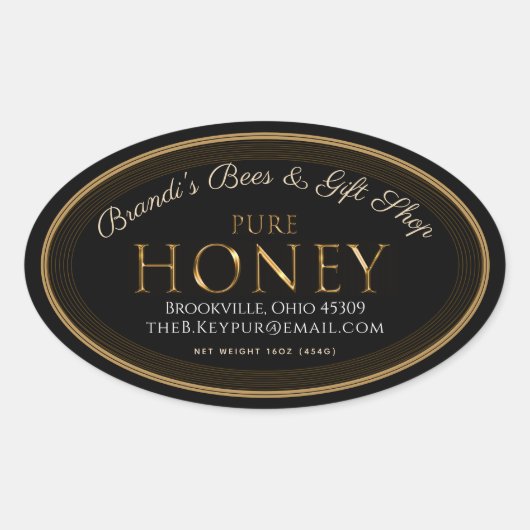 Professioneel honingetiket Zwart en gouden ovaal Ovale Sticker (Voorkant)