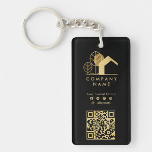 Professioneel Huis Logo Zwart en Goud Qr-code Sleutelhanger