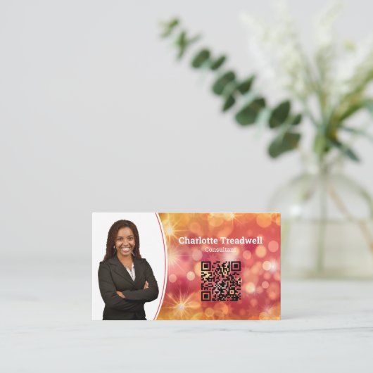 Professioneel Koraal Bokeh Sparkle Custom Photo QR Visitekaartje (Staand voorkant)
