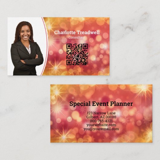 Professioneel Koraal Bokeh Sparkle Custom Photo QR Visitekaartje (Voorkant / Achterkant)