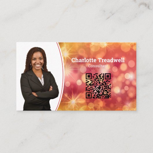 Professioneel Koraal Bokeh Sparkle Custom Photo QR Visitekaartje (Voorkant)