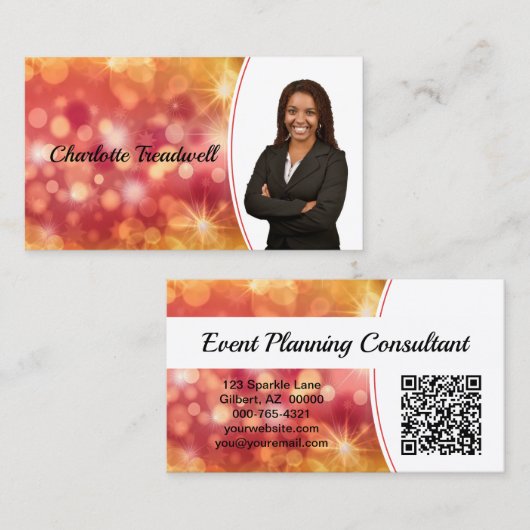 Professioneel Koraal Bokeh Sparkle Custom Photo QR Visitekaartje (Voorkant / Achterkant)