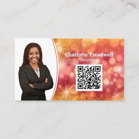 Professioneel Koraal Bokeh Sparkle Custom Photo QR Visitekaartje (Voorkant)